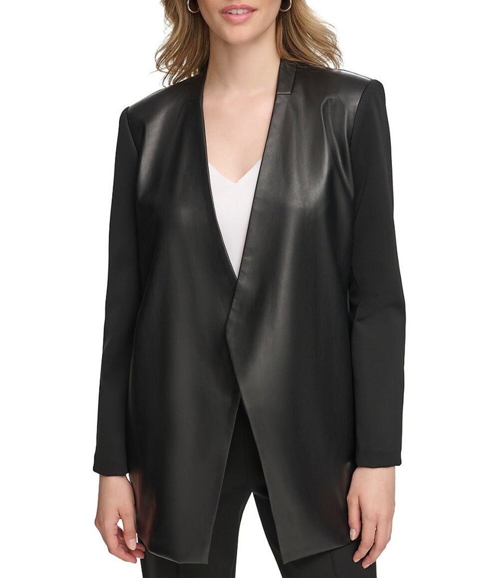 Calvin Klein Faux Leather Open Front Blazer Jacket 4 NWT Black Corporate Chic